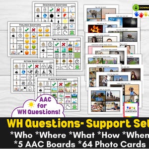 Wh Question-ondersteuningsset, 5 OC-borden + 64 fotostimuluskaarten, antwoord wie? Waar? Wat? Wanneer? Hoe? en beschrijf! Autisme afdrukbare pdf