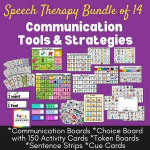 May include: A collection of 14 speech therapy tools and strategies for communication. The set includes communication boards, choice boards, activity cards, token boards, sentence strips, and cue cards. The image shows a variety of colourful boards with pictures and words.