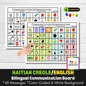 Tweetalig Haïtiaans-creools + Engels communicatiebord 48, taalhulp, AAC, ESL, ELL, Esol, Efl, preverbaal, autisme, afdrukbaar pdf