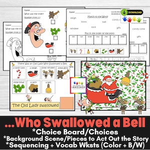 Old Lady Who Swallowed a Bell Story Companion Activities, Sentence Formulation, Sequencing, Autism, Speech Therapy, PDF Printable