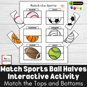 Atividade interativa de combinar as metades das bolas esportivas, posição mista superior e inferior, autismo e pré-escola PDF para impressão