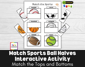 Match the Sports Balls Halves Interactive Activity, Top and Bottom Mixed Position, Autism and Preschool PDF Printable