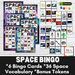 ¡Bingo Espacial! 6 Cartones de Bingo y 36 Vocabularios Espaciales en Cartones de Llamadas, Fichas de Bonificación, Aprende sobre el Juego Espacial, PDF Imprimible
