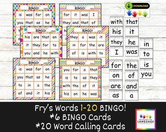 Fry's Sight Words 1-20 Bingo Game, 6 Bingo Cards, 20 Word Calling Cards, Easy to Make and Play! Colorful and Fun! Child Gift, Printable PDF