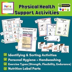 Peut inclure: Ensemble de supports pédagogiques intitulé "Activités de soutien à la santé physique". L'image comprend des cartes sur l'hygiène, les informations nutritionnelles et les types d'exercices tels que la force, la flexibilité et l'endurance. Le texte comprend "Identifying & Sorting Activities".