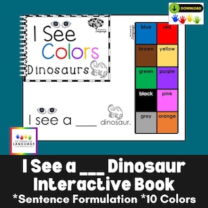 Può includere: Un libro interattivo intitolato "I See a Dinosaur" con il testo "I See Colors Dinosaurs". Il libro presenta una rilegatura a spirale e una tabella dei colori con blu, rosso, marrone, giallo, verde, viola, nero, rosa, grigio e arancione.