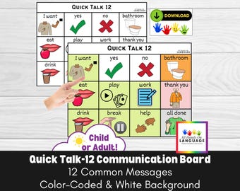 Quick Talk 12 Communication Board, 12 Common Daily Expressions, Aided-Language, AAC, Non Verbal, Pre Verbal, Autism, ESOL, PDF Printable