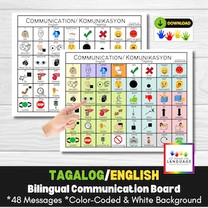 Bilingual Tagalog + English Communication Board 48, Aided-Language, AAC, Esl, ELL, Esol, Efl, Non Verbal, Pre Verbal, Autism, PDF Printable