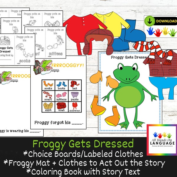 Froggy se viste, compañero de cuento, ropa + antecedentes para vestir y desvestir a la rana, formulación de oraciones + libro para colorear, PDF imprimible