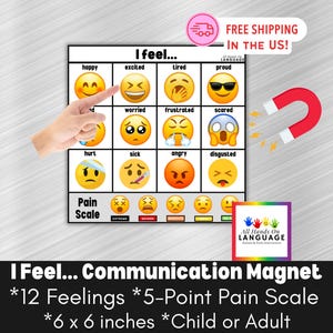Tablero de comunicación magnético I Feel, 6 x 6 pulgadas, 12 sentimientos más escala de dolor con emojis y texto, aula, hogar, oficina, niños y adultos