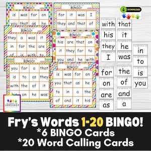 Jogo de Bingo Fry's Sight Words 1-20, 6 cartelas de bingo, 20 cartões de visita com palavras, fácil de fazer e jogar! Colorido e divertido! PDF para impressão