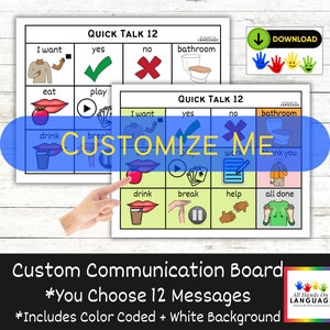 CUSTOMIZED Communication Board Quick Talk 12, You Choose 12 Messages, Aided-Language, AAC, Non Verbal, Pre Verbal, Autism PDF Printable