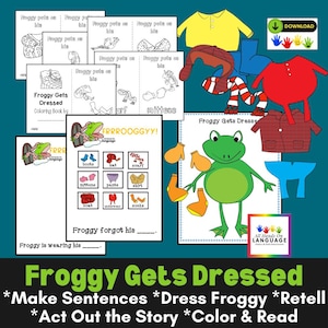 Può includere: Un set di attività educative digitali intitolato Froggy Gets Dressed che include pagine da colorare stampabili, un personaggio rana verde e vari capi di abbigliamento come un cappotto rosso, una camicia gialla, pantaloni blu, muffole, stivali e una sciarpa a righe.