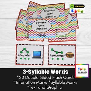 Lot de 20 cartes mémoire de 3 syllabes avec marques d'intonation, images et texte, apraxie, orthophonie, autisme PDF imprimable