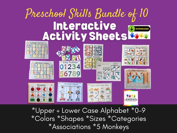 BUNDLE of 10 Preschool Skills Interactive Activities, Hands-On Learning, Speech Therapy, Autism PDF Printable
