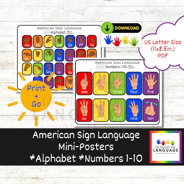 American Sign Language Mini Posters, ASL Alphabet and Numbers 1-10, US Letter-Sized PDF Printable