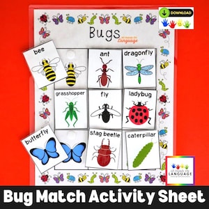 Bugs Matching Activity, 9 Labeled Bugs to Match, Spring Garden Insects Theme, Preschool and Autism Printable PDF