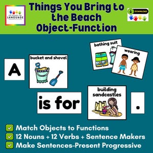 Puede incluir: Un recurso educativo titulado Things You Bring to the Beach Object-Function que incluye tarjetas con ilustraciones de un cubo y una pala, trajes de baño y niños construyendo castillos de arena con etiquetas de texto y componentes para formar frases.