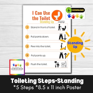 Volgordeoverzicht toiletgang, ik kan het toilet staand gebruiken, reeksfoto's in 5 stappen en schriftelijke instructies, pdf-afdrukbaar autisme visueel