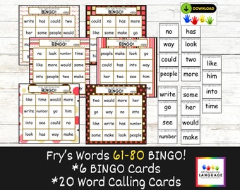 Fry's Sight Words 61-80 Bingo Game, 6 Bingo Cards, 20 Word Calling Cards, Easy to Make and Play! Colorful and Fun! Child Gift, Printable PDF