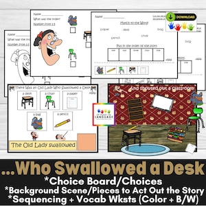 Old Lady Who Swallowed a Desk Story Companion Activities, Sentence Formulation, Sequencing, Autism, Speech Therapy, PDF Printable