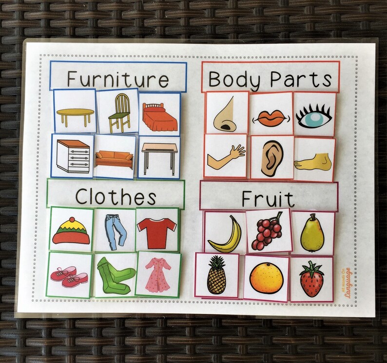 May include: A colorful educational chart with four categories: Furniture, Body Parts, Clothes, and Fruit. Each category has six images of common items, such as a chair, nose, hat, and banana.
