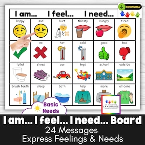Ik ben. Ik voel. Ik heb nodig. Communicatiebord, 24 berichten om basisbehoeften uit te drukken, OC, non-verbaal, pre-verbaal, autisme pdf afdrukbaar