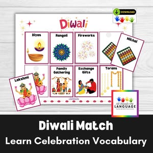 May include: A colorful Diwali matching game with images of traditional Indian festival decorations, including diyas, rangoli, fireworks, mithai, torans, Lakshmi, and family gatherings. The game is designed to help children learn about Diwali vocabulary.