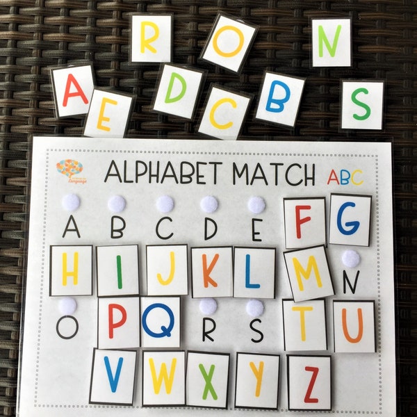 Uppercase Alphabet Matching Activity, Match the Colorful Letters to Black Letters, Autism and Preschool PDF Printable