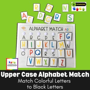 Actividad de emparejamiento de letras mayúsculas, emparejar las letras de colores con las letras negras, autismo y preescolar, PDF imprimible