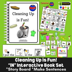 May include: A spiral-bound educational book titled "Cleaning Up is Fun!" with colorful illustrations. The cover features a pie, a ball, and a trash can. Additional cards show cleaning-related items and phrases. The bottom text reads "IN" Interactive Book Set.