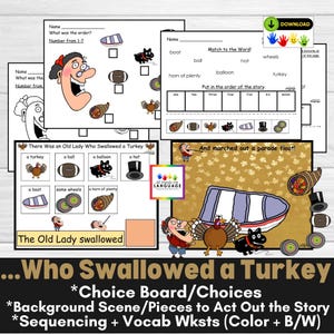 Old Lady Who Swallowed a Turkey Story Companion Activities, Sentence Formulation, Sequencing, Speech Therapy, Autism, PDF Printable