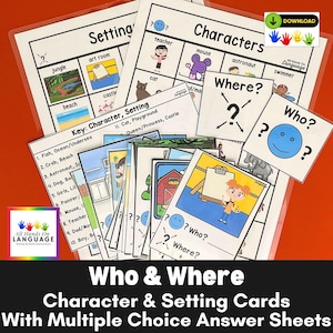 Character & Setting Flashcards: Who and Where Questions with Answer Choices (PDF Printable)