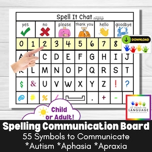 Spell It Chat Communication Board- 55 with Alphabet, Numerals, Symbols, and Messages, AAC, Aphasia, Apraxia, Non Verbal Autism PDF Printable