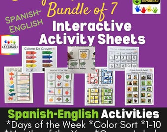 BUNDLE of 7 Spanish + Bilingual Spanish/English Preschool Activities, Matching Games to Learn Both Languages, PDF Printable
