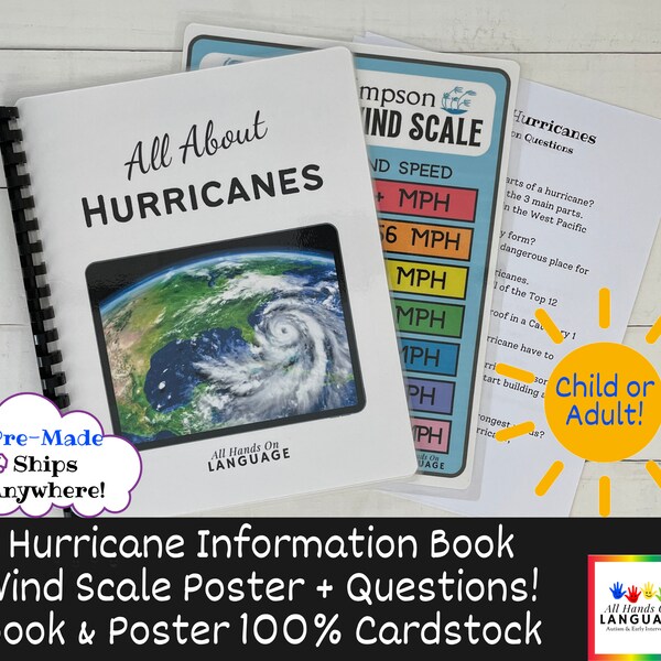 Pre-Made All About Hurricanes INFORMATION Book, Wind Scale Poster + 24 Comprehension Questions!  Laminated Cardstock, Great Gift Idea