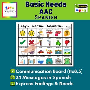 May include: A Spanish language AAC communication board featuring a grid of 24 icons with text labels for expressing feelings and needs. The chart includes categories for Soy, Siento, and Necesito, with a hand pointing to the caliente icon.