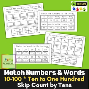 Skip Count 10-100 Activities: Match Numbers and Words (PDF Printable)