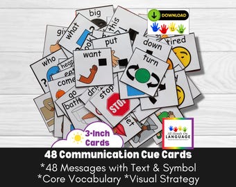 Core Vocabulary Cue Cards, 48 Words + Pictures on 3-inch Cards, Aided-Language, AAC, Non Verbal, Pre Verbal, Autism, ESOL, PDF Printable
