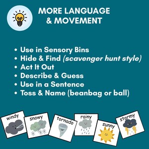 May include: A teal graphic with the text "MORE LANGUAGE & MOVEMENT" and a lightbulb icon. Below are bullet points with activity ideas. Weather cards show "windy," "snowy," "tornado," "rainy," "sunny," and "stormy."
