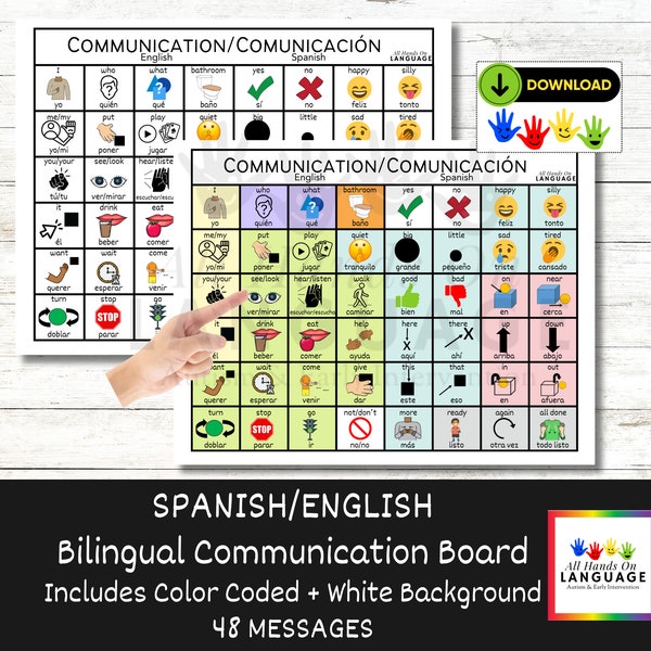 Bilingual Spanish + English Communication Board 48, Aided-Language, AAC, Esl, ELL, Esol, Efl, Non Verbal, Pre Verbal, Autism, PDF Printable