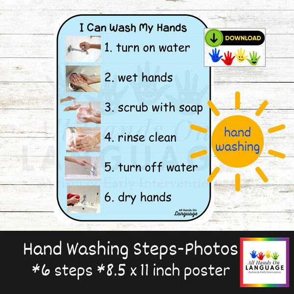 Hand Washing Sequence Chart Real Photos, I Can Wash My Hands, 6-Step Sequence Pictures + Written Instructions, Autism Visual PDF Printable