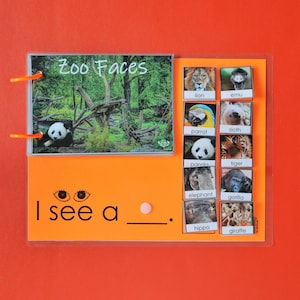 May include: A colorful educational game for kids featuring a variety of animals. The game includes a booklet with a picture of a panda in a zoo setting and a separate board with images of different animals, including a lion, emu, parrot, sloth, panda, tiger, elephant, gorilla, hippo, and giraffe. The game also includes a sentence starter that says "I see a ____."