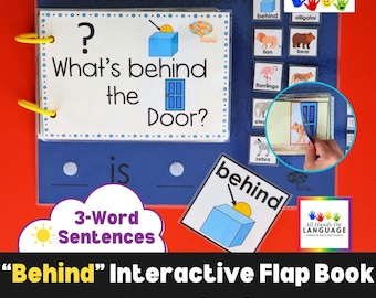 Libro interactivo con solapas de animales del zoológico: Construcción de oraciones con la preposición "DETRÁS", terapia del habla para el autismo (PDF imprimible)