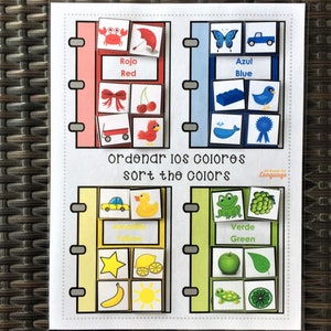 Actividad bilingüe de clasificación de colores español/inglés, 4 colores-24 imágenes, autismo, preescolar, ESOL, PDF imprimible