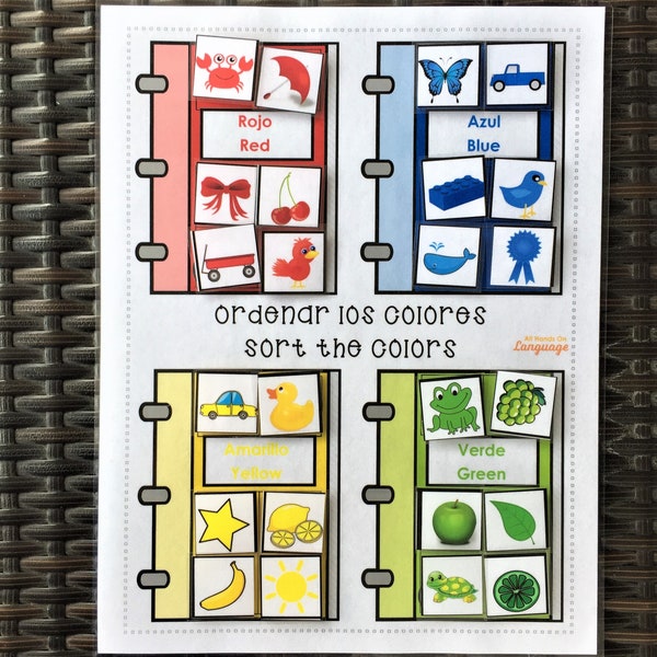 Bilingual Spanish/English Color Sort Activity, 4 Colors-24 Pictures, Autism, Preschool, ESOL, PDF Printable