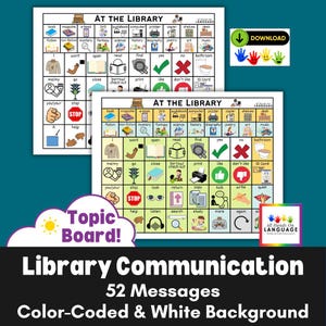 May include: A library communication topic board featuring 52 color-coded icons and text labels organized in a grid. The board includes categories like book, computer, and bathroom, with a download button and the All Hands On Language logo visible.