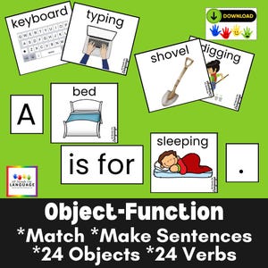 Tarjetas de función de objeto: Emparejamiento y formulación de oraciones, apoyo para el autismo, terapia del habla y habilidades lingüísticas (PDF imprimible)