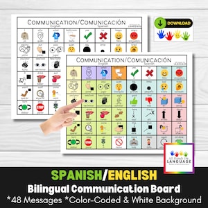 Tweetalig Spaans + Engels Communication Board 48, taalhulp, AAC, ESL, ELL, Esol, Efl, non-verbaal, pre-verbaal, autisme, afdrukbaar pdf