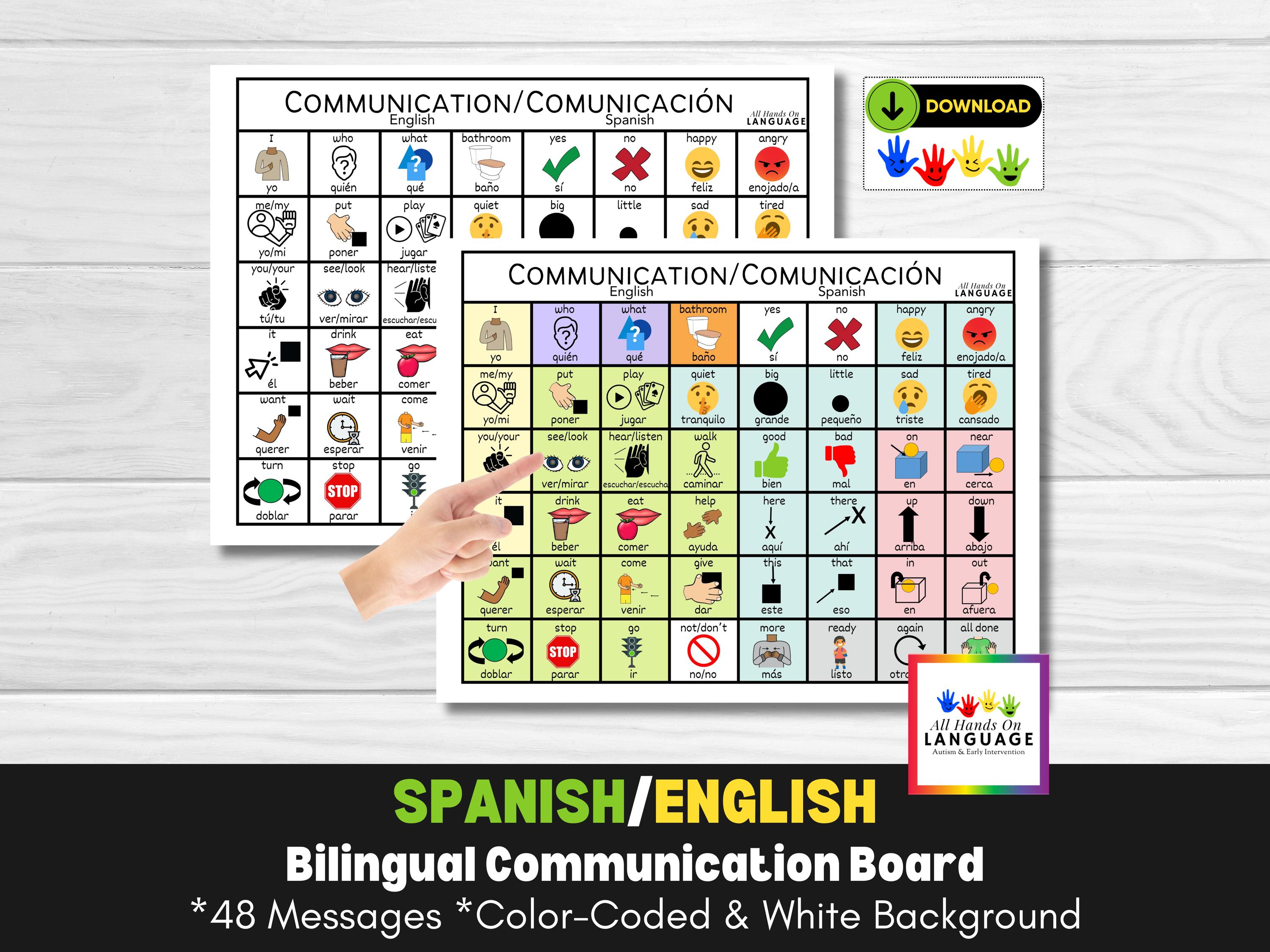 Bilingual Spanish + English Communication Board 48, Aided-Language, AAC, Esl, ELL, Esol, Efl, Non Verbal, Pre Verbal, Autism, PDF Printable